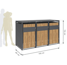 Abfallbox für drei Mülltonnen mit den Maßen 116 cm Höhe, 80 cm Tiefe und 198 cm Breite