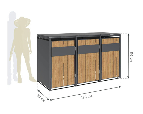 Abfallbox für drei Mülltonnen mit den Maßen 116 cm Höhe, 80 cm Tiefe und 198 cm Breite
