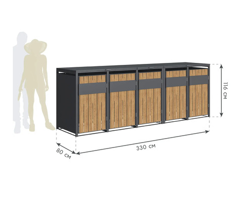 Mülltonnenbox für vier Mülltonnen mit den Maßen 330 mal 80 mal 116 cm