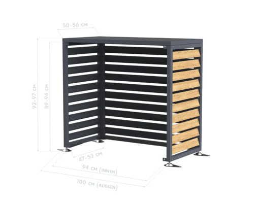 Geräteschrank mit horizontalen Lamellen, seitlichen Holzapplikationen und Maßangaben