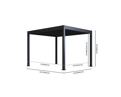 Schwarze Gartenpergola mit Maßangaben