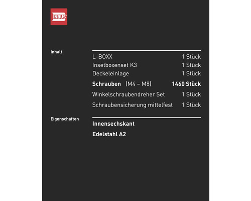 Contenu et propriétés du set de vis Inbus