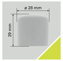 Abmessungen einer Kunststoffkappe: Durchmesser 28 mm, Höhe 29 mm