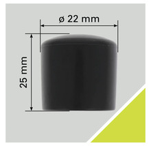 Schwarze Möbelgleiterkappe mit den Maßen 22 Millimeter Durchmesser und 25 Millimeter Höhe