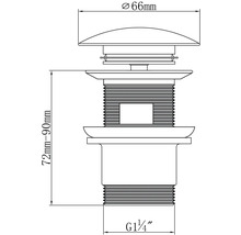 Dessin technique de garniture de vidange avec les dimensions 66 mm de diamètre et 72 mm à 90 mm de hauteur
