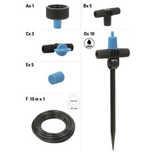 Diverses pièces d'irrigation de jardin et un symbole de goutte.