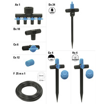 Système d'arrosage de jardin avec arroseurs, raccords, tuyau et accessoires