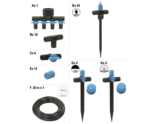 Système d'arrosage de jardin avec arroseurs, raccords, tuyau et accessoires