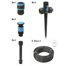 Gartenschlauch-Zubehörset, bestehend aus Schlauchkupplung, Sprühregner, Verlängerung und Erdspießregner sowie einem 15 Meter langen Schlauch