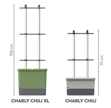 Deux modèles de bacs à plantes Charly Chili de différentes tailles avec aide à la plantation