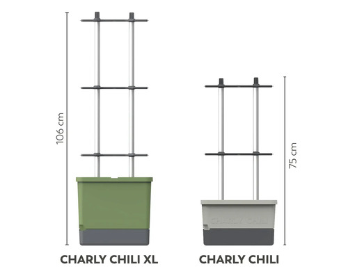 Deux modèles de bacs à plantes Charly Chili de différentes tailles avec aide à la plantation
