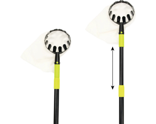 Deux vues d'un cueille-fruits avec manche télescopique et sac de collecte