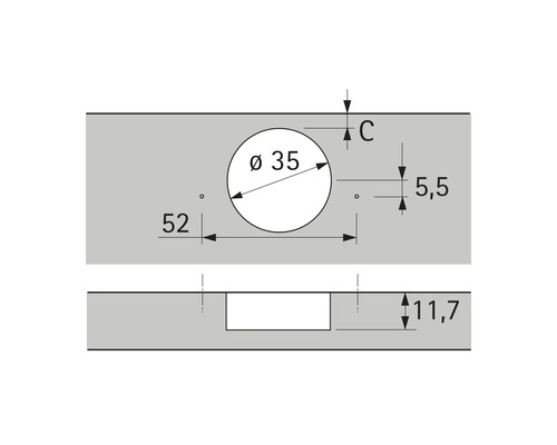 Technische Zeichnung eines Bohrlochs mit den Maßen 35 mm Durchmesser, 52 mm Abstand und 5,5 mm Tiefe
