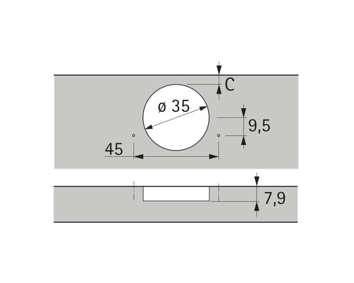 Technische Zeichnung eines Bohrlochs mit den Maßen 35 mm Durchmesser, 45 mm Abstand, 9,5 mm und 7,9 mm Tiefe