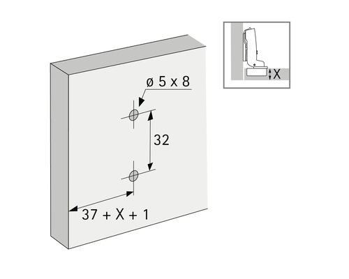 Schéma de perçage pour une porte de meuble avec indication des dimensions