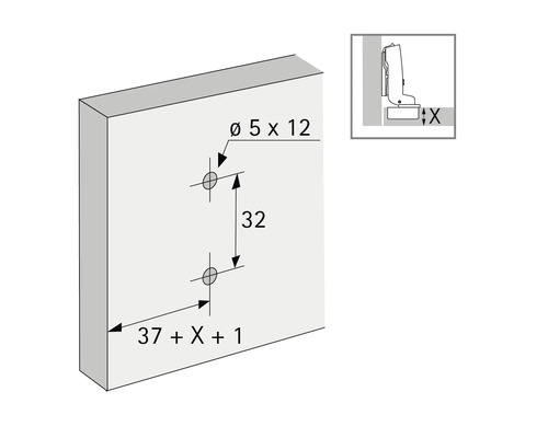 Plan de perçage pour une porte de meuble avec indications de dimensions