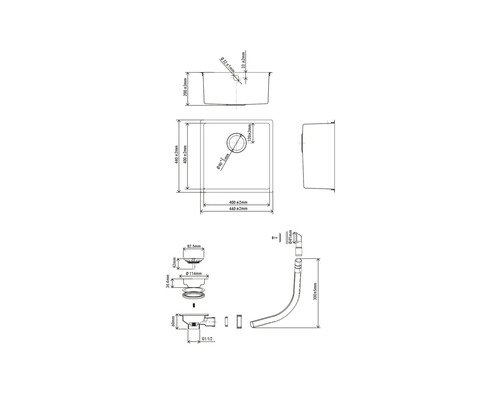 Schéma technique d'un évier avec dimensions et siphon