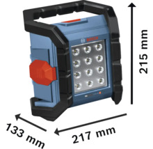 Logo Bosch sur une lampe de chantier mesurant 215 mm de haut, 133 mm de large et 217 mm de long