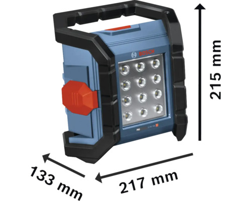 Logo Bosch sur une lampe de chantier mesurant 215 mm de haut, 133 mm de large et 217 mm de long
