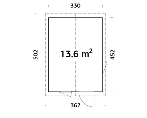 Plan avec dimensions d'un bâtiment : surface de 13,6 mètres carrés, dimensions extérieures de 330 x 502 cm.