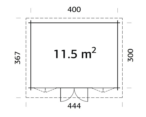 Plan avec dimensions d'un abri de jardin, surface de 11,5 mètres carrés