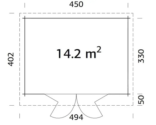 Grundriss mit Massangaben für Gartenhaus, Fläche 14.2 Quadratmeter