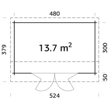 Plan d'un abri de jardin mesurant 480 x 524 x 379 cm et d'une superficie de 13,7 mètres carrés.
