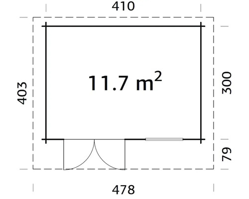 Grundrisszeichnung eines Gartenhauses mit Tür, Fenster und den Maßen 410 x 478 x 300 cm und einer Fläche von 11.7 Quadratmetern.
