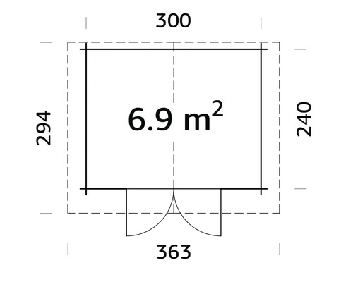Plan avec des dimensions d'environ 300 x 240 cm et une superficie de 6,9 mètres carrés