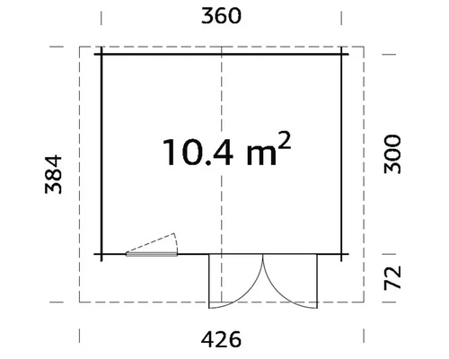 Grundriss eines Gartenhauses mit den Massen 360 x 426 x 384 cm und einer Fläche von 10,4 m²