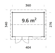 Plan d'un abri de jardin mesurant 404 x 340 cm et d'une superficie de 9,6 mètres carrés.