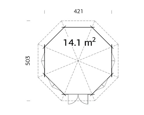 Plan d'un abri de jardin d'une superficie de 14,1 mètres carrés et de dimensions 421 x 503 centimètres.