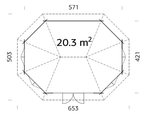 Plan d'un abri de jardin avec les dimensions 571 x 503 x 421 x 653 et une superficie de 20.3 mètres carrés.
