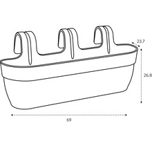Abbildung eines Balkonkastens mit den Maßen 69 x 23,7 x 26,8 cm.