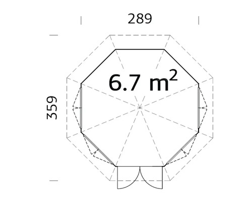 Grundrisszeichnung eines Gartenhauses mit den Maßen 289 mal 359 Zentimeter und einer Fläche von 6,7 Quadratmetern