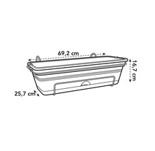 Image d'une jardinière avec les dimensions suivantes : 69,2 cm de long, 16,7 cm de haut et 25,7 cm de profondeur.