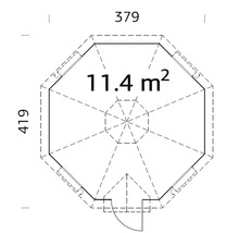 Plan du chalet de jardin avec des dimensions de 379 x 419 cm et une surface de 11,4 mètres carrés