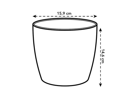 Abbildung eines Pflanzgefäßes mit den Maßen 15,9 cm Breite und 14,6 cm Höhe.