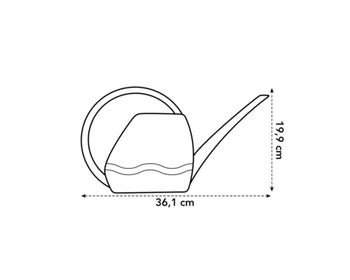 Dessin technique d'un arrosoir avec les dimensions 36,1 cm et 19,9 cm