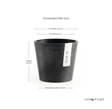 Pot de fleurs Ecopots Amsterdam Mini 10,5: hauteur 9,2 centimètres, diamètre extérieur 10,5 centimètres, diamètre intérieur 9,5 centimètres.