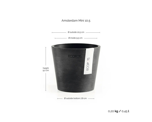 Pot de fleurs Ecopots Amsterdam Mini 10,5: hauteur 9,2 centimètres, diamètre extérieur 10,5 centimètres, diamètre intérieur 9,5 centimètres.