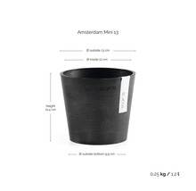 Ecopots Amsterdam Mini 13 Blumenübertopf mit Ecopots Logo und Maßen: Höhe 11,4 Zentimeter, Durchmesser 13 Zentimeter, Volumen 1,2 Liter.