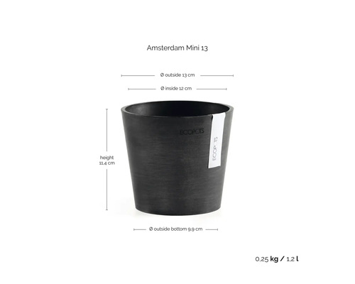 Ecopots Amsterdam Mini 13 Blumenübertopf mit Ecopots Logo und Maßen: Höhe 11,4 Zentimeter, Durchmesser 13 Zentimeter, Volumen 1,2 Liter.