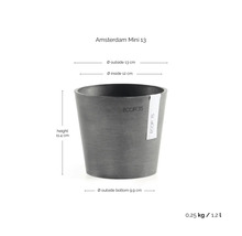 Pot de fleurs Ecopots Amsterdam Mini 13: hauteur 11,4 centimètres, diamètre extérieur 13 centimètres, poids 0,25 kilogramme, volume 1,2 litre.