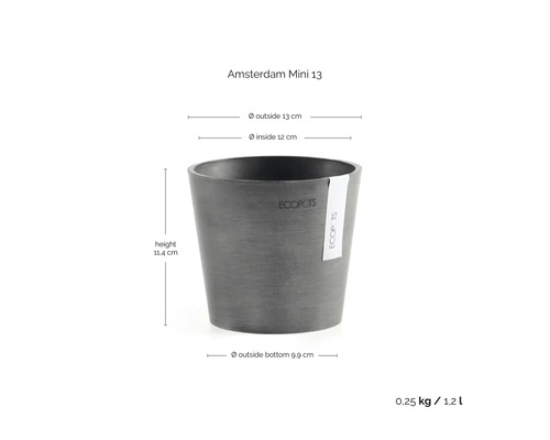 Pot de fleurs Ecopots Amsterdam Mini 13: hauteur 11,4 centimètres, diamètre extérieur 13 centimètres, poids 0,25 kilogramme, volume 1,2 litre.