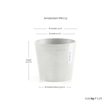 Pot de fleurs Ecopots Amsterdam Mini 13 avec dimensions : hauteur 11,4 centimètres, diamètre extérieur 13 centimètres, diamètre intérieur 12 centimètres.
