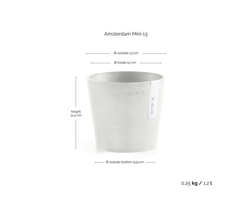 Pot de fleurs Ecopots Amsterdam Mini 13 avec dimensions : hauteur 11,4 centimètres, diamètre extérieur 13 centimètres, diamètre intérieur 12 centimètres.