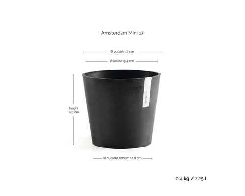 Ecopots Amsterdam Mini 17 Pflanztopf, Durchmesser 17 Zentimeter, Höhe 14,7 Zentimeter, Volumen 2,25 Liter, Schwarz.