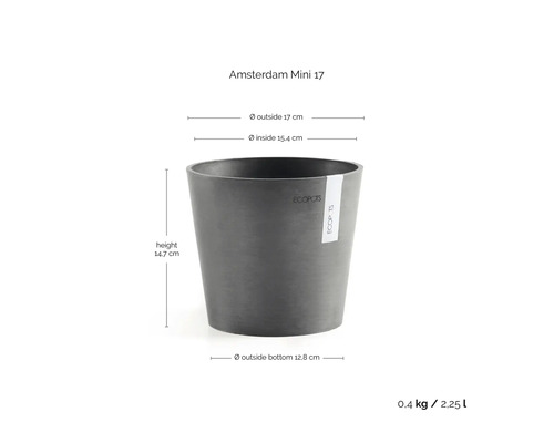 Cache-pot Ecopots Amsterdam Mini 17, hauteur 14,7 centimètres, diamètre extérieur 17 centimètres, diamètre intérieur 15,4 centimètres, 2,25 litres.