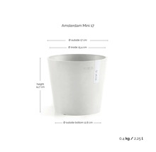 Pot de fleurs gris ECOPOTS Amsterdam Mini 17 : hauteur 14,7 centimètres, diamètre 17 centimètres, volume 2,25 litres, poids 0,4 kilogramme.
